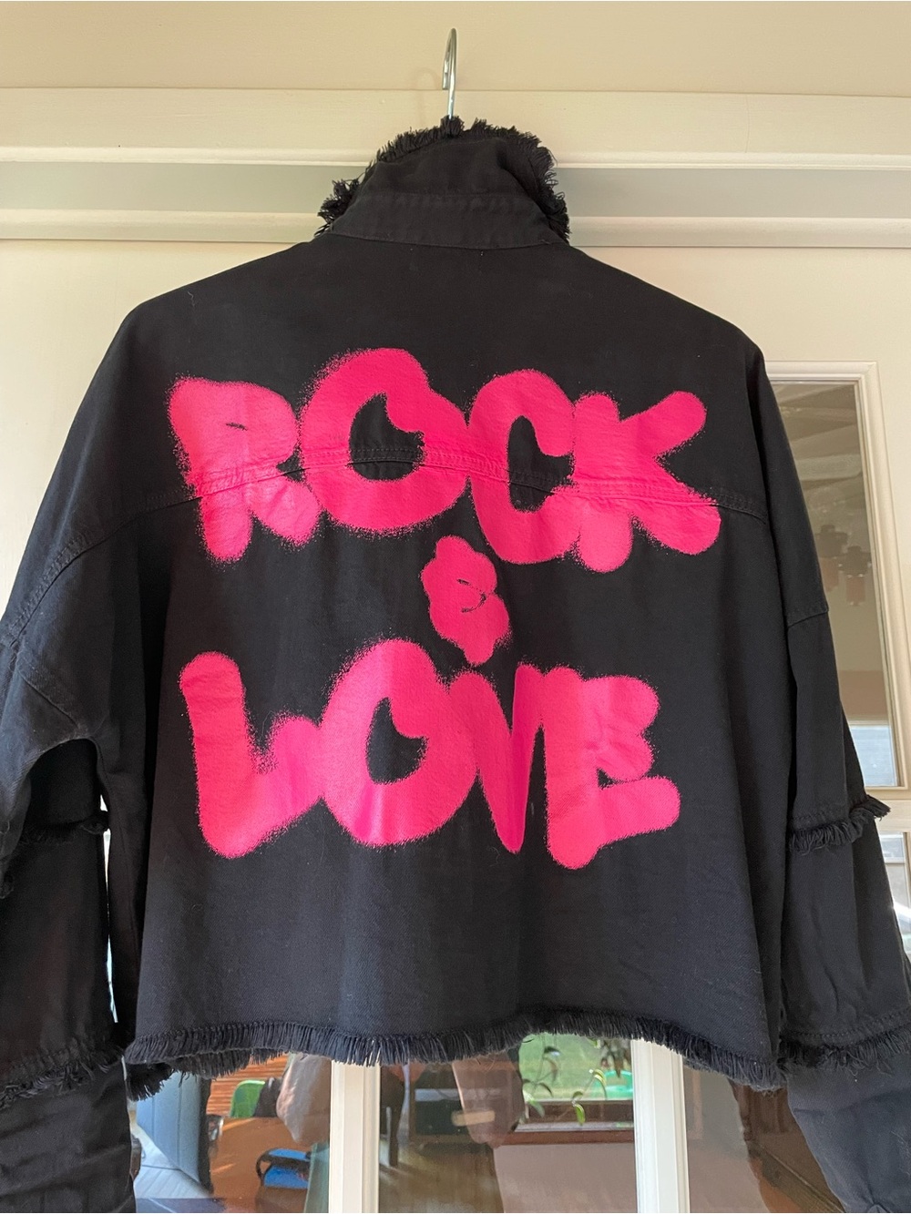 Elan Black Jean Jacket with Hot Pink 'Rock & Love' Graffiti